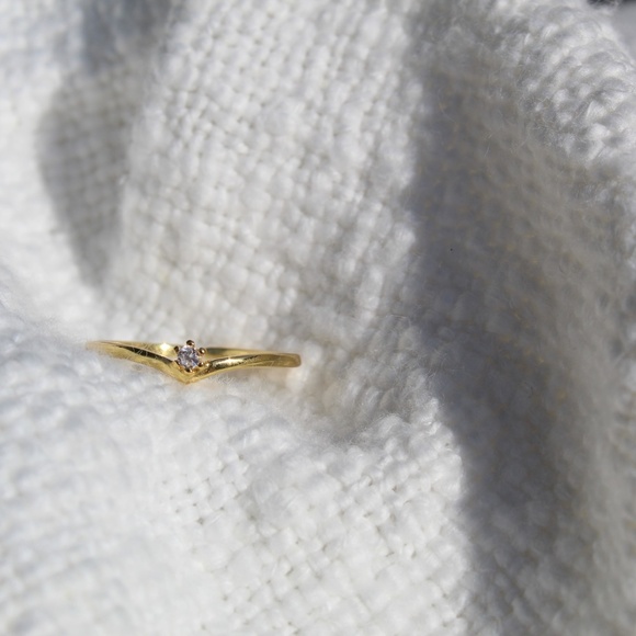 Sterling Silver "V" Shaped Stacking Gold Ring with Single Simulated Diamond - Picture 12 of 14